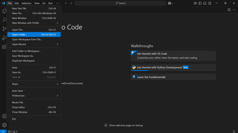 Screenshot showing how to open a folder in VSC.