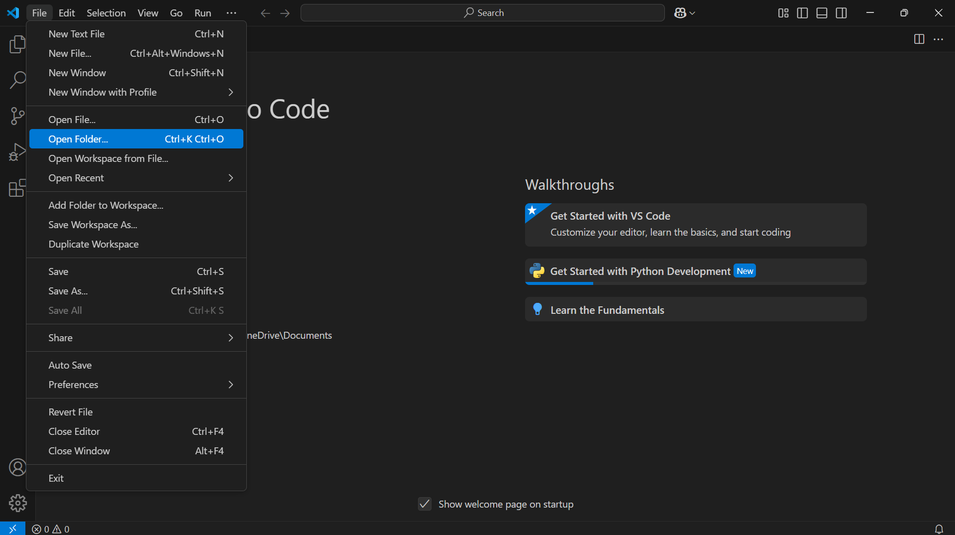 Screenshot showing how to open a folder in VSC.